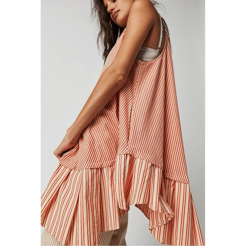 Free People Sleeveless Striped Ruffle Mini Dress Orange Cream Cotton Small NEW - Picture 9 of 11